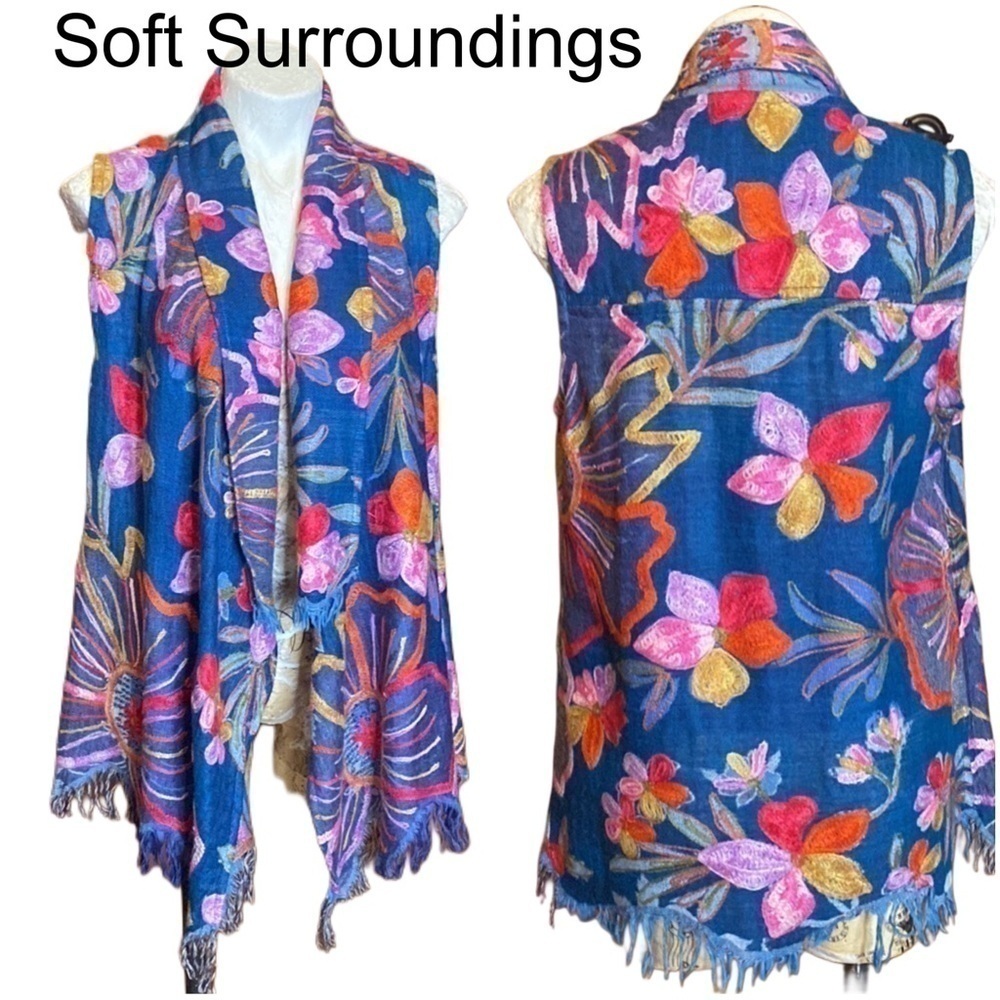 Soft Surroundings | Floral Embroidered Frayed Fringe Vest Cardigan Sweater S/M